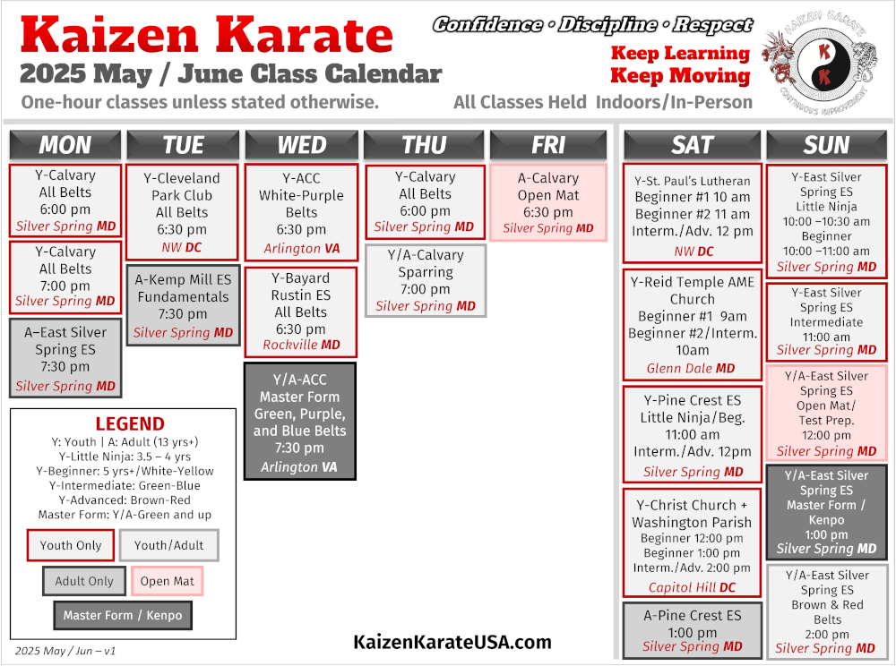 Weekend & Evening Karate Schedule - Full Size
